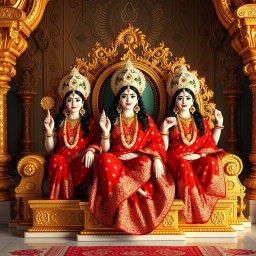 Three stunningly beautiful Hindu Devis, each with divine, glowing milk skin, elegantly adorned in intricately designed red sarees