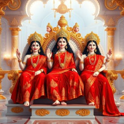 Three stunningly beautiful Hindu Devis, each with divine, glowing milk skin, elegantly adorned in intricately designed red sarees