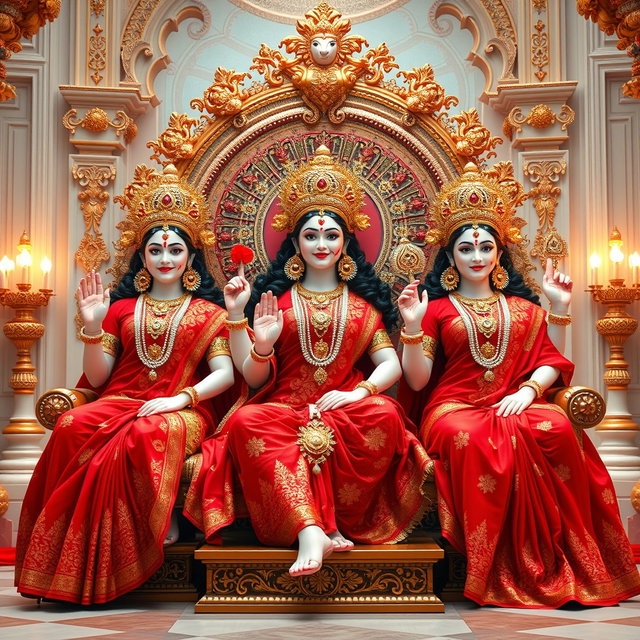 Three stunningly beautiful Hindu Devis, each with divine, glowing milk skin, elegantly adorned in intricately designed red sarees