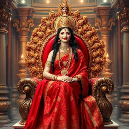 A beautifully divine Hindu Devi with radiant, glowing milk skin, elegantly draped in a rich, intricate red saree