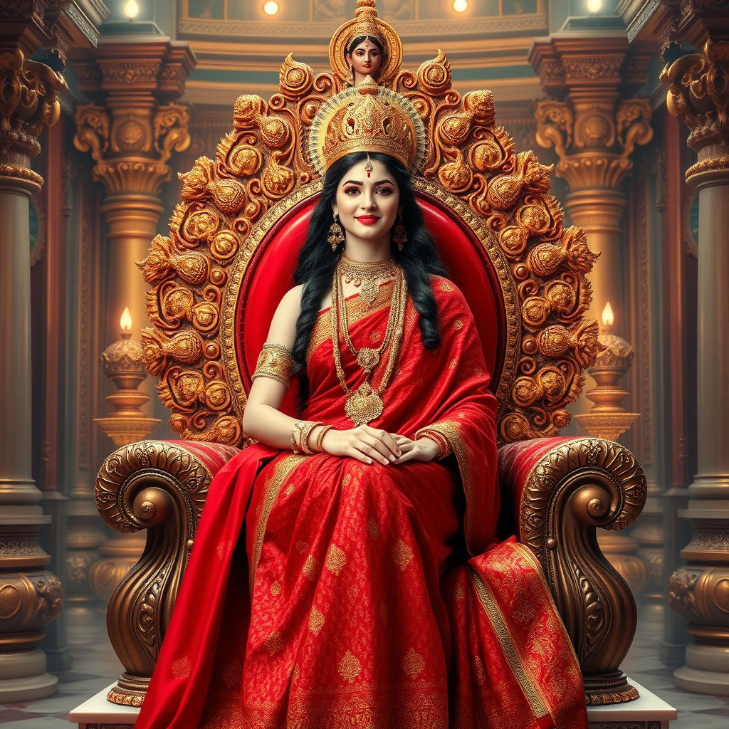 A beautifully divine Hindu Devi with radiant, glowing milk skin, elegantly draped in a rich, intricate red saree