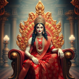 A beautifully divine Hindu Devi with radiant, glowing milk skin, elegantly draped in a rich, intricate red saree