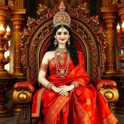 A beautifully divine Hindu Devi with radiant, glowing milk skin, elegantly draped in a rich, intricate red saree