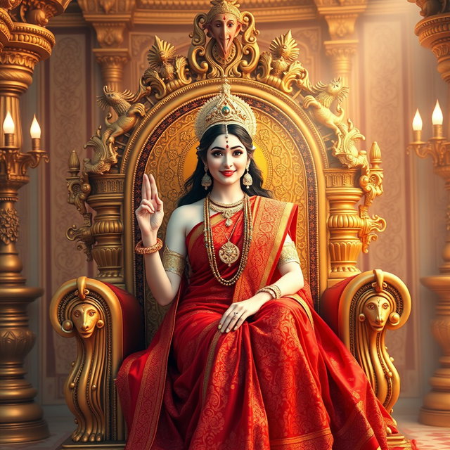 A beautifully divine Hindu Devi with radiant, glowing milk skin, elegantly draped in a rich, intricate red saree