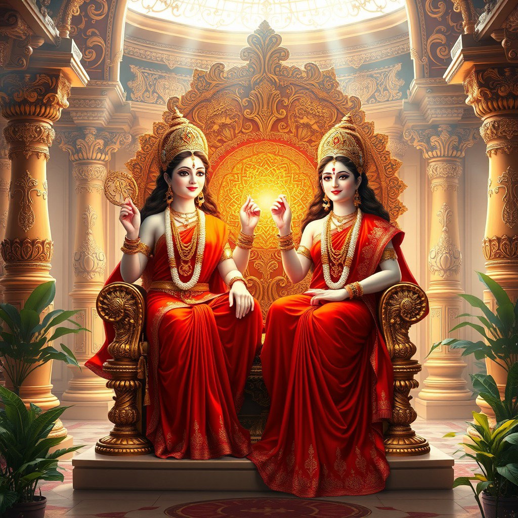 A beautiful divine scene depicting two Hindu goddesses, both with radiant milk-glow skin, sitting gracefully on a magnificent throne within a luxurious palace in Swarglok