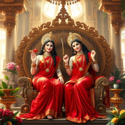 A beautiful divine scene depicting two Hindu goddesses, both with radiant milk-glow skin, sitting gracefully on a magnificent throne within a luxurious palace in Swarglok