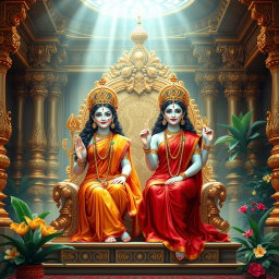 A beautiful divine scene depicting two Hindu goddesses, both with radiant milk-glow skin, sitting gracefully on a magnificent throne within a luxurious palace in Swarglok