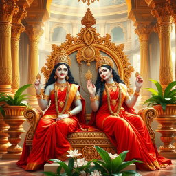 A beautiful divine scene depicting two Hindu goddesses, both with radiant milk-glow skin, sitting gracefully on a magnificent throne within a luxurious palace in Swarglok