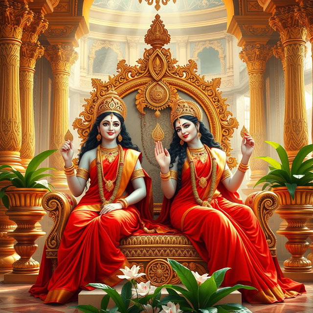 A beautiful divine scene depicting two Hindu goddesses, both with radiant milk-glow skin, sitting gracefully on a magnificent throne within a luxurious palace in Swarglok
