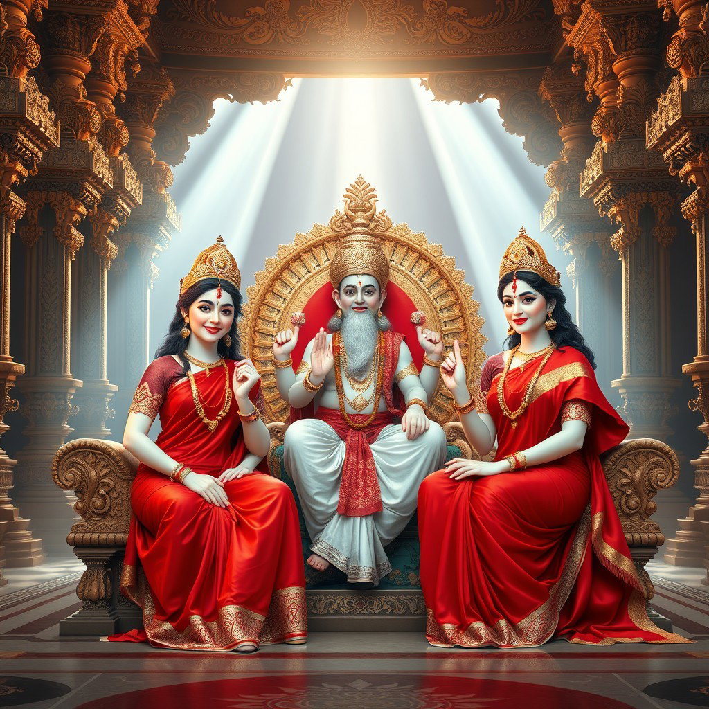 A stunning divine scene featuring two Hindu goddesses with beautiful milk-glow skin, wearing exquisite red sarees, smiling warmly while seated on a magnificent throne in a grand palace in Swarglok