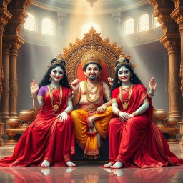 A stunning divine scene featuring two Hindu goddesses with beautiful milk-glow skin, wearing exquisite red sarees, smiling warmly while seated on a magnificent throne in a grand palace in Swarglok