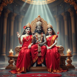 A stunning divine scene featuring two Hindu goddesses with beautiful milk-glow skin, wearing exquisite red sarees, smiling warmly while seated on a magnificent throne in a grand palace in Swarglok