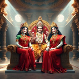 A stunning divine scene featuring two Hindu goddesses with beautiful milk-glow skin, wearing exquisite red sarees, smiling warmly while seated on a magnificent throne in a grand palace in Swarglok