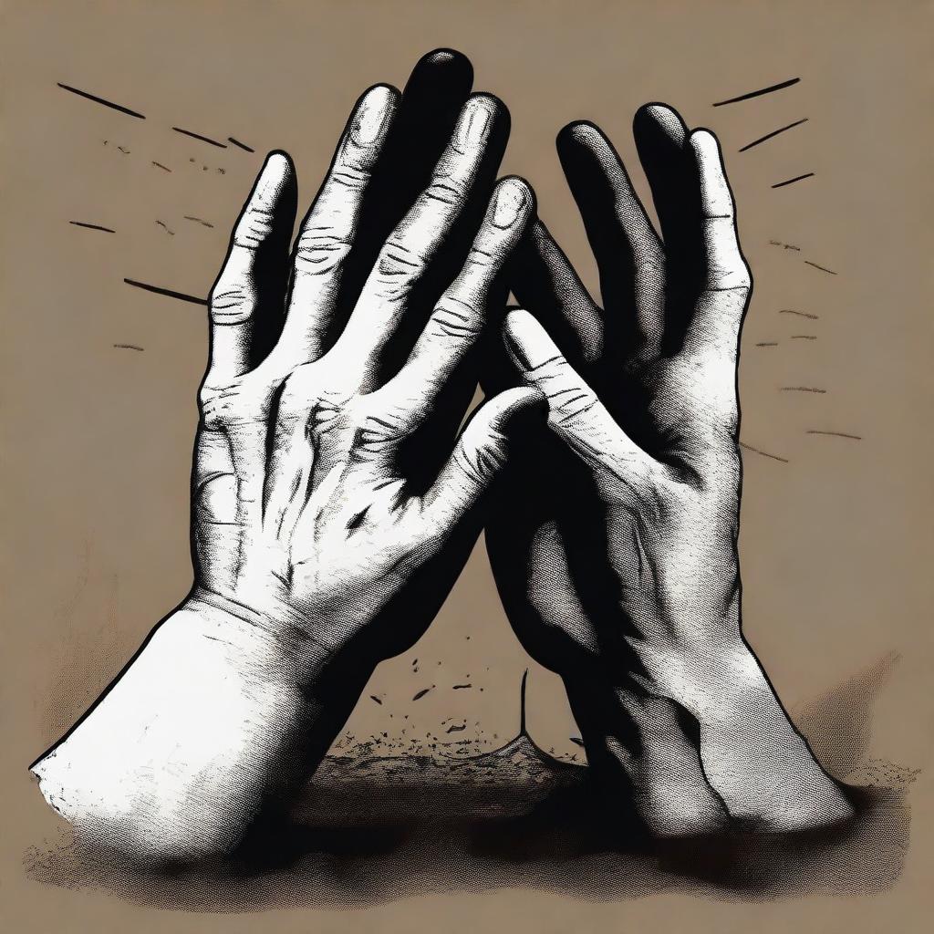 A high-quality, detailed digital art piece featuring two human hands, dirt-streaked and weathered, reaching out from the rich, dark soil towards each other