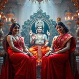 A captivating divine scene featuring two Hindu goddesses, each with beautiful radiant milk-glow skin, wearing exquisite red sarees that elegantly drape, revealing their midriff and showcasing their graceful beauty