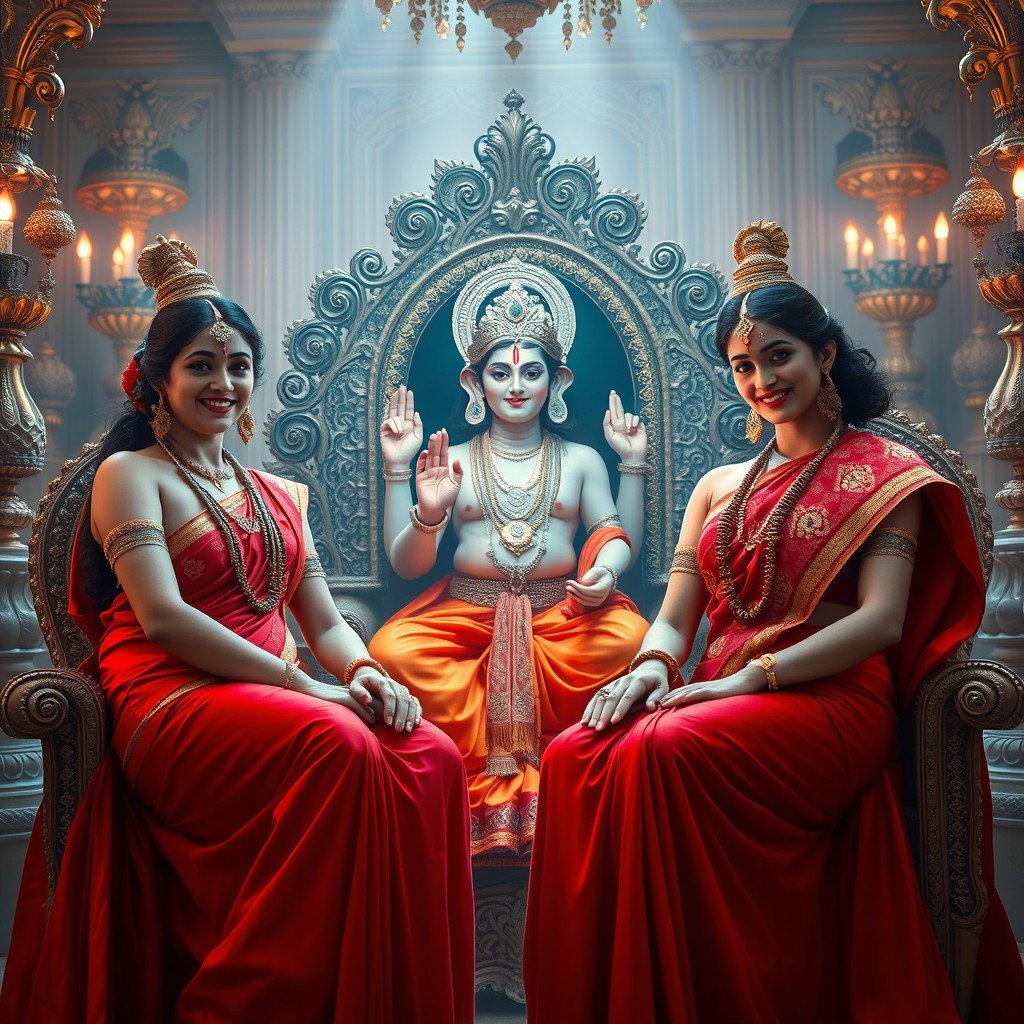 A captivating divine scene featuring two Hindu goddesses, each with beautiful radiant milk-glow skin, wearing exquisite red sarees that elegantly drape, revealing their midriff and showcasing their graceful beauty