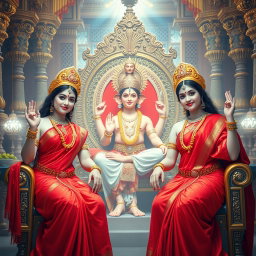 A captivating divine scene featuring two Hindu goddesses, each with beautiful radiant milk-glow skin, wearing exquisite red sarees that elegantly drape, revealing their midriff and showcasing their graceful beauty