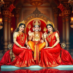 A captivating divine scene featuring two Hindu goddesses, each with beautiful radiant milk-glow skin, wearing exquisite red sarees that elegantly drape, revealing their midriff and showcasing their graceful beauty