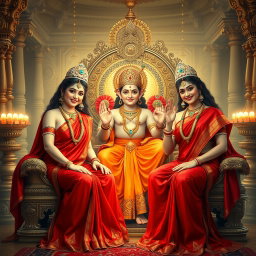 A captivating divine scene featuring two Hindu goddesses, each with beautiful radiant milk-glow skin, wearing exquisite red sarees that elegantly drape, revealing their midriff and showcasing their graceful beauty