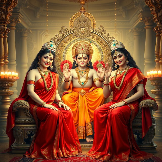 A captivating divine scene featuring two Hindu goddesses, each with beautiful radiant milk-glow skin, wearing exquisite red sarees that elegantly drape, revealing their midriff and showcasing their graceful beauty