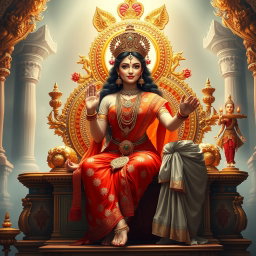 An enchanting Hindu apsara with a radiant, shining complexion, adorned in a vibrant red saree embellished with intricate patterns