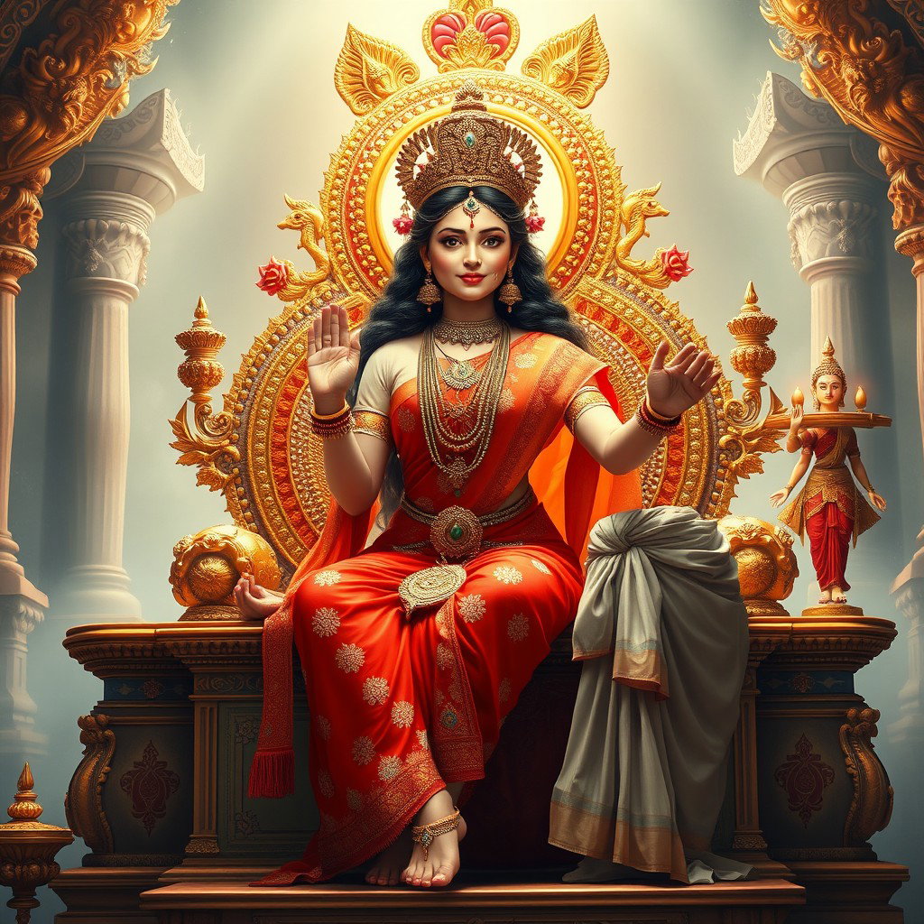 An enchanting Hindu apsara with a radiant, shining complexion, adorned in a vibrant red saree embellished with intricate patterns