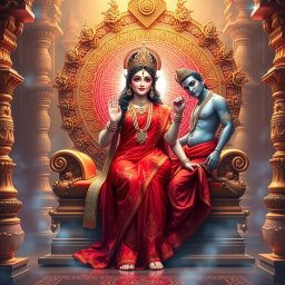 An enchanting Hindu apsara with a radiant, shining complexion, adorned in a vibrant red saree embellished with intricate patterns