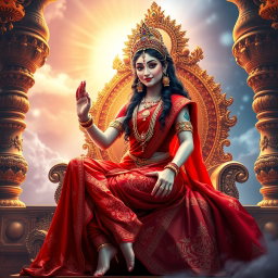 An enchanting Hindu apsara with a radiant, shining complexion, adorned in a vibrant red saree embellished with intricate patterns