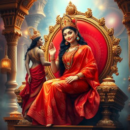 An enchanting Hindu apsara with a radiant, shining complexion, adorned in a vibrant red saree embellished with intricate patterns