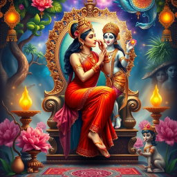 An exquisite Hindu apsara with a radiant, glowing complexion, dressed in a stunning red saree adorned with intricate jewelry around her neck and delicate payals on her feet