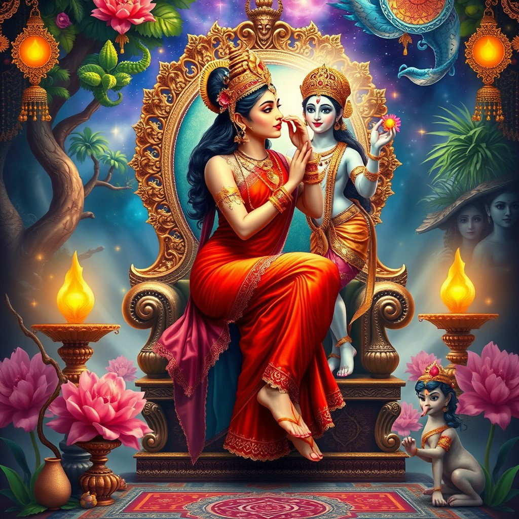 An exquisite Hindu apsara with a radiant, glowing complexion, dressed in a stunning red saree adorned with intricate jewelry around her neck and delicate payals on her feet