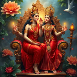 An exquisite Hindu apsara with a radiant, glowing complexion, dressed in a stunning red saree adorned with intricate jewelry around her neck and delicate payals on her feet