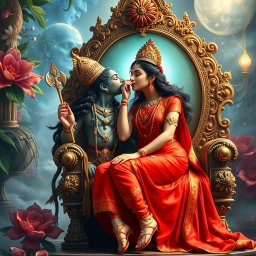 An exquisite Hindu apsara with a radiant, glowing complexion, dressed in a stunning red saree adorned with intricate jewelry around her neck and delicate payals on her feet
