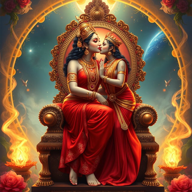 An exquisite Hindu apsara with a radiant, glowing complexion, dressed in a stunning red saree adorned with intricate jewelry around her neck and delicate payals on her feet
