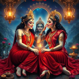 An alluring scene featuring two Hindu apsaras with radiant, glowing skin, each adorned in elegant red sarees and embellished with exquisite jewelry around their necks and delicate payals on their feet