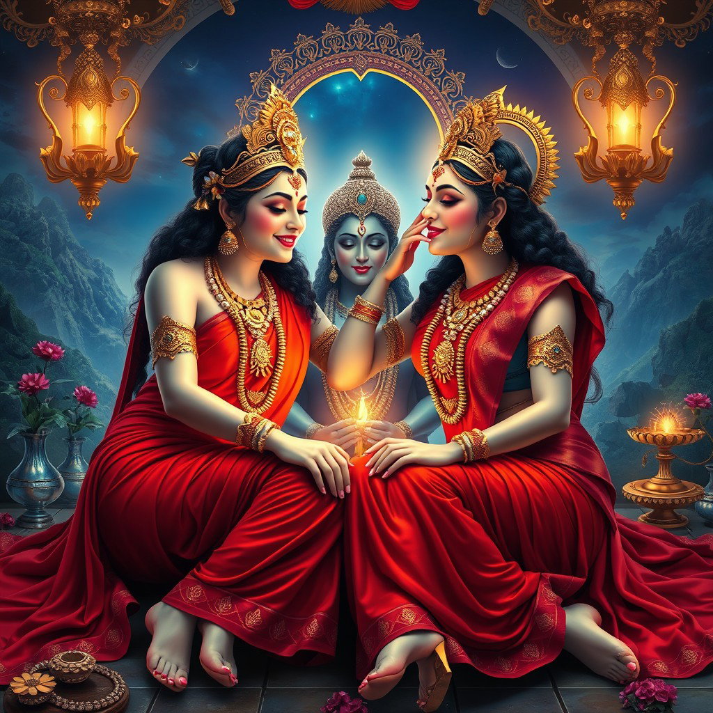 An alluring scene featuring two Hindu apsaras with radiant, glowing skin, each adorned in elegant red sarees and embellished with exquisite jewelry around their necks and delicate payals on their feet