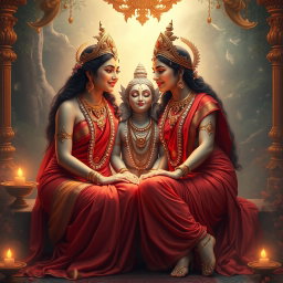An alluring scene featuring two Hindu apsaras with radiant, glowing skin, each adorned in elegant red sarees and embellished with exquisite jewelry around their necks and delicate payals on their feet