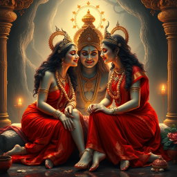 An alluring scene featuring two Hindu apsaras with radiant, glowing skin, each adorned in elegant red sarees and embellished with exquisite jewelry around their necks and delicate payals on their feet