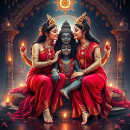 An alluring scene featuring two Hindu apsaras with radiant, glowing skin, each adorned in elegant red sarees and embellished with exquisite jewelry around their necks and delicate payals on their feet