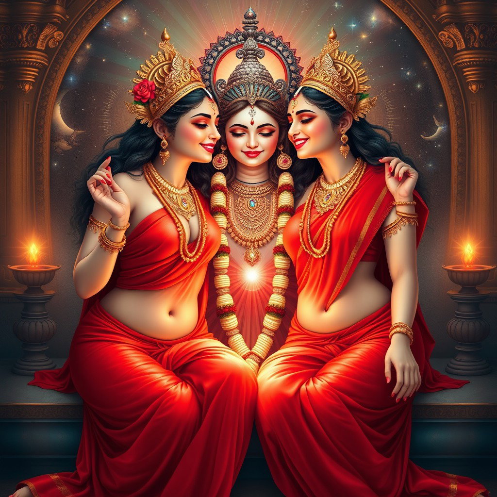 Two beautiful Hindu goddesses with radiant, shining skin, elegantly draped in red sarees that expose their charming navels