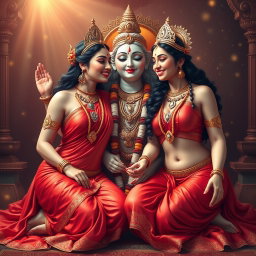 Two beautiful Hindu goddesses with radiant, shining skin, elegantly draped in red sarees that expose their charming navels