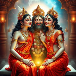 Two beautiful Hindu goddesses with radiant, shining skin, elegantly draped in red sarees that expose their charming navels