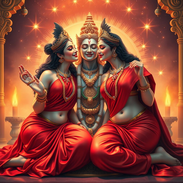 Two beautiful Hindu goddesses with radiant, shining skin, elegantly draped in red sarees that expose their charming navels