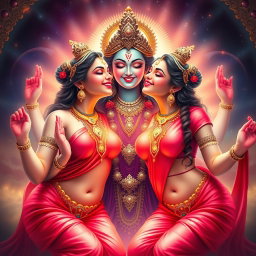 Two beautiful Hindu goddesses with radiant, glowing skin, elegantly draped in red sarees that reveal their charming navels