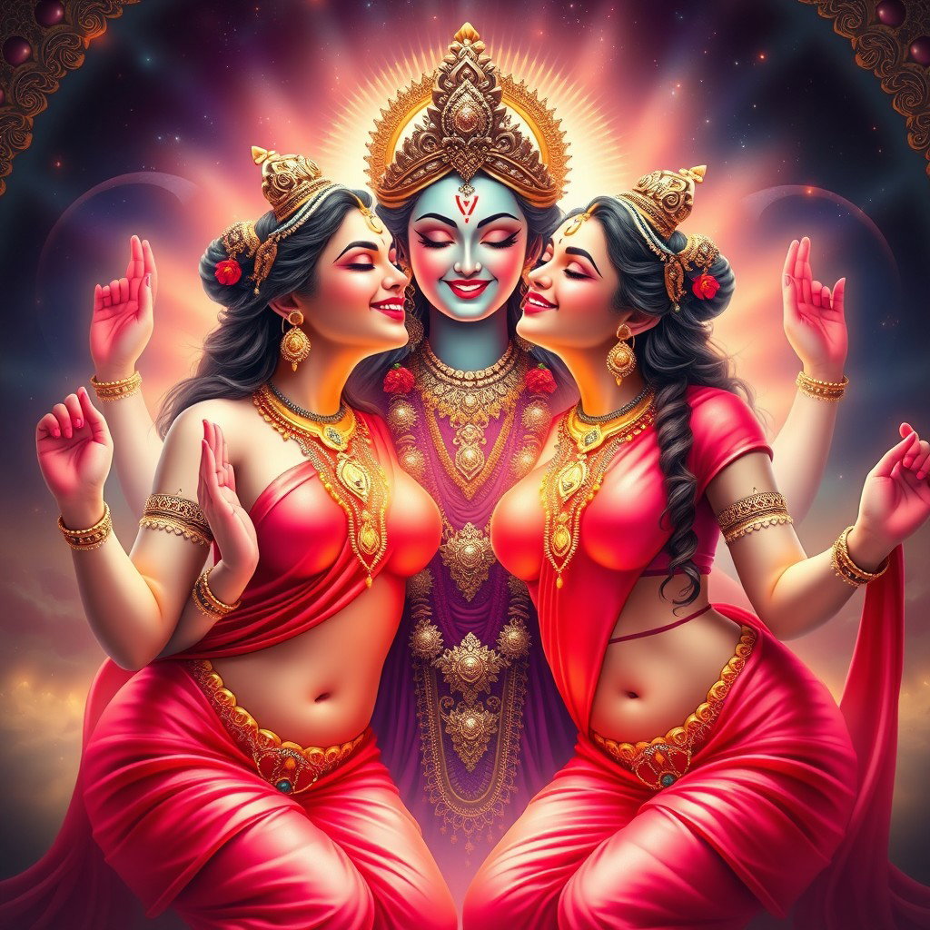 Two beautiful Hindu goddesses with radiant, glowing skin, elegantly draped in red sarees that reveal their charming navels