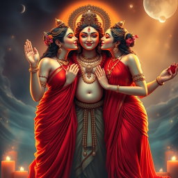 Two beautiful Hindu goddesses with radiant, glowing skin, elegantly draped in red sarees that reveal their charming navels