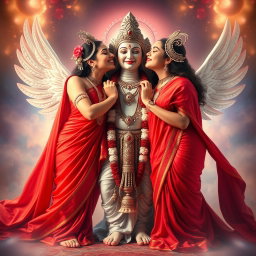 Two beautiful Hindu goddesses with radiant, glowing skin, elegantly draped in red sarees that reveal their charming navels