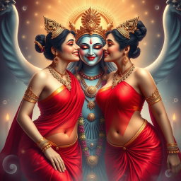 Two beautiful Hindu goddesses with radiant, glowing skin, elegantly draped in red sarees that reveal their charming navels
