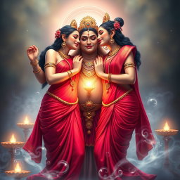 Two beautiful Hindu goddesses with radiant, glowing skin, elegantly draped in red sarees that reveal their charming navels