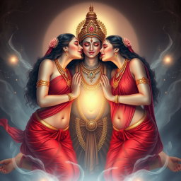 Two beautiful Hindu goddesses with radiant, glowing skin, elegantly draped in red sarees that reveal their charming navels